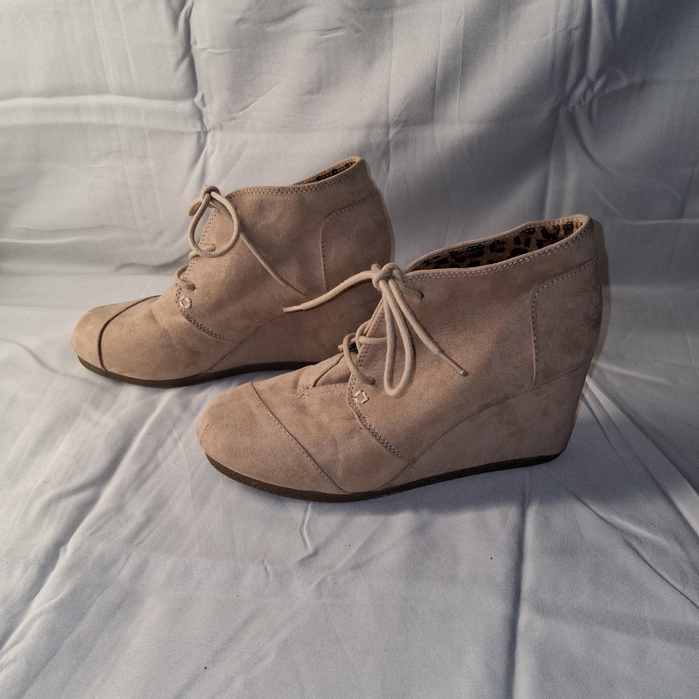 Womens Taupe Suede Wedge Booties with Lace-Up Front
